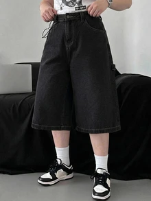 Dazy Plus Celana Pendek Denim Vintage Model Longgar Lebar Gaya Jalanan Kasual Denim Celana Pendek Bermuda Musim Semi Musim Panas Musim Gugur - Hitam - View 4