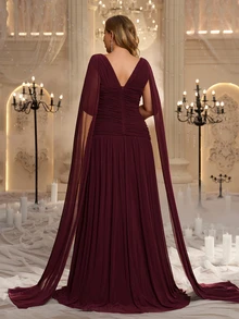 Glamrae Plus Size Elegant Luxurious Angora Red V-Neck Flutter Sleeve Ruched Twist A-Line Evening Gown, Suitable For Evening Party, Date, Vacation, Wedding, Event, Guest Dress - Burgundy - View 2