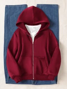 SHEIN 青少年女孩秋冬休閒連帽開襟外套 - 酒紅色 - 查看 3