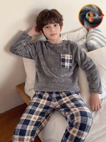Boys' Colorblock Pocket Plaid Long Sleeve Pants Pajama Set, Autumn/Winter - Grey - View 9