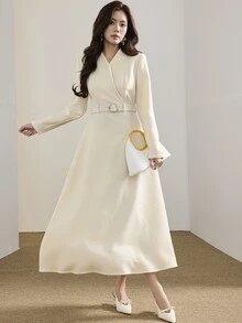 Heiryn Gaun Elegan Wanita Warna Polos Kerah V Lengan Panjang - Aprikot - View 6