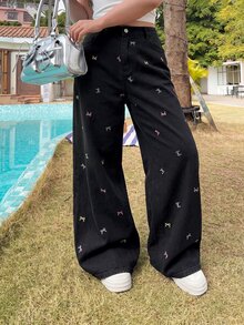 SHEIN MOD 大尺碼女款休閒日常牛仔褲，附口袋、鈕扣與蝴蝶結圖案 - 黑色 - 查看 5
