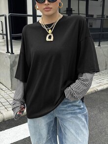 Muchica 大尺碼女款拼接條紋 2 合 1 休閒傳統軟挺 T 恤 正式度假風 黑白配色 秋季 - 黑色 - 查看 5