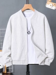 SHEIN 兒童青少年男孩休閒百搭紋理布料白色酷感棒球夾克外套，適合通勤、上學、日常休閒外出及運動，適合秋冬穿著 - 白色 - 查看 3