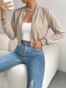 SHEIN EZwear 春季服飾 素色拉鍊短版飛行夾克 - 杏色 - 查看 6