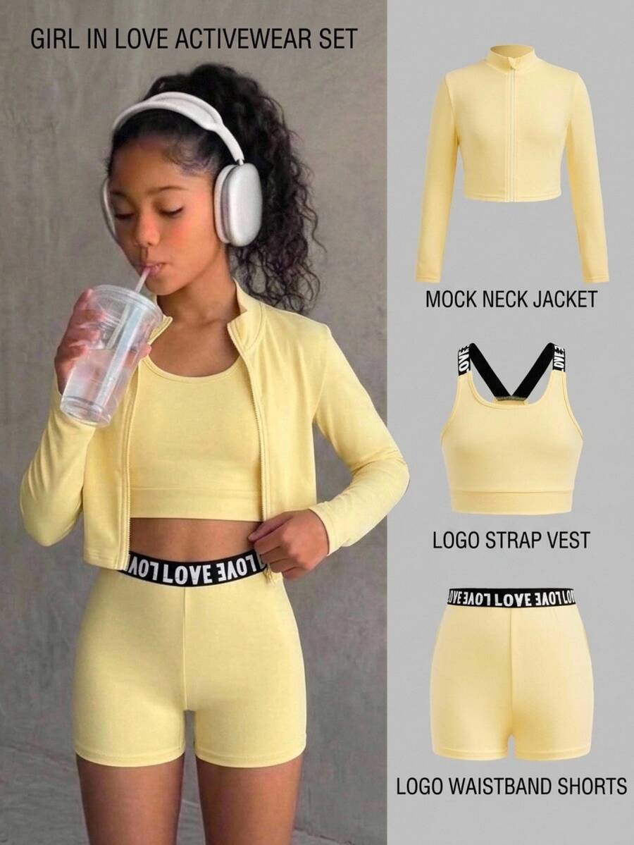 SHEIN Tween女孩運動服3件套,奶油黃針織長袖立領拉鍊夾克、拼接字母織帶背心、單車緊身褲 - 黃色 - 查看 1