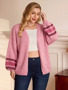 EMERY ROSE Plus Size Women's Colorblock Casual Versatile Daily Cardigan - Pink - View 3