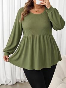 SHEIN CURVE+ Kaos Wanita Ukuran Besar Kasual dengan Detail Ribbed dan Rumbai di Bagian Bawah, Musim Gugur/Musim Dingin - Dark Green - View 5