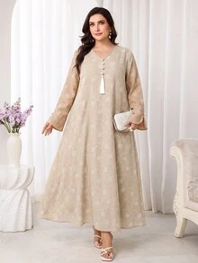 Al Najma Plus Size Women's Floral Embroidered Tassel Design Long Sleeve Elegant Arabian Dress - Khaki - View 4