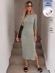 Easowa Women's Solid Color Casual Daily Summer Mid-Length Dress - Grey - View 5