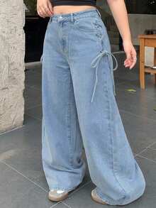 Dazy Plus Casual Washed Side Tie-Up Wide Leg Jeans For Girls, Long Length, Spring/Autumn - Medium Wash - View 4