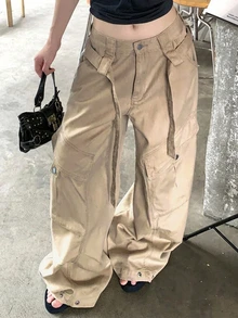 Dazy Plus Heavy-Duty Design Large Pocket Loose Wide-Leg Casual Street Long Denim Jeans - Beige - View 6