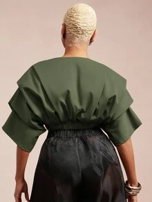 Vixey Solid Woven Pleated Structured Sleeve Drawstring Waist Top - Olive Green - View 5