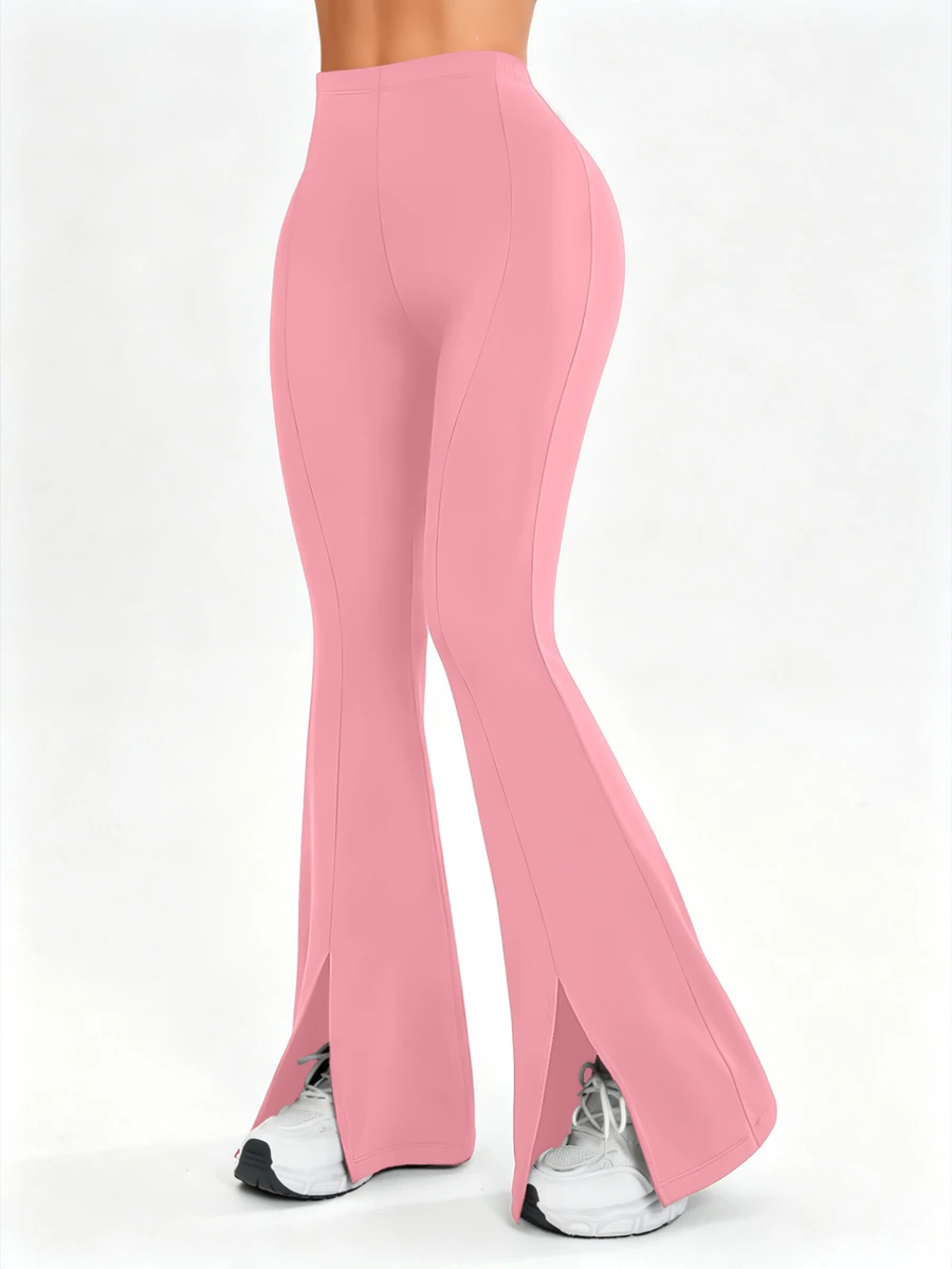 Easithlete Solid Color High Waist Split Hem Flare Leg Sports Pants - Pink - View 1