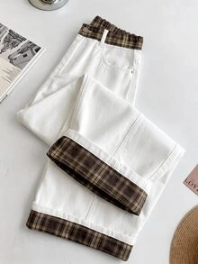 GlowEve CURVE Plus Size Fashion Plaid Patchwork Button Pocket Denim Jeans - White - View 2