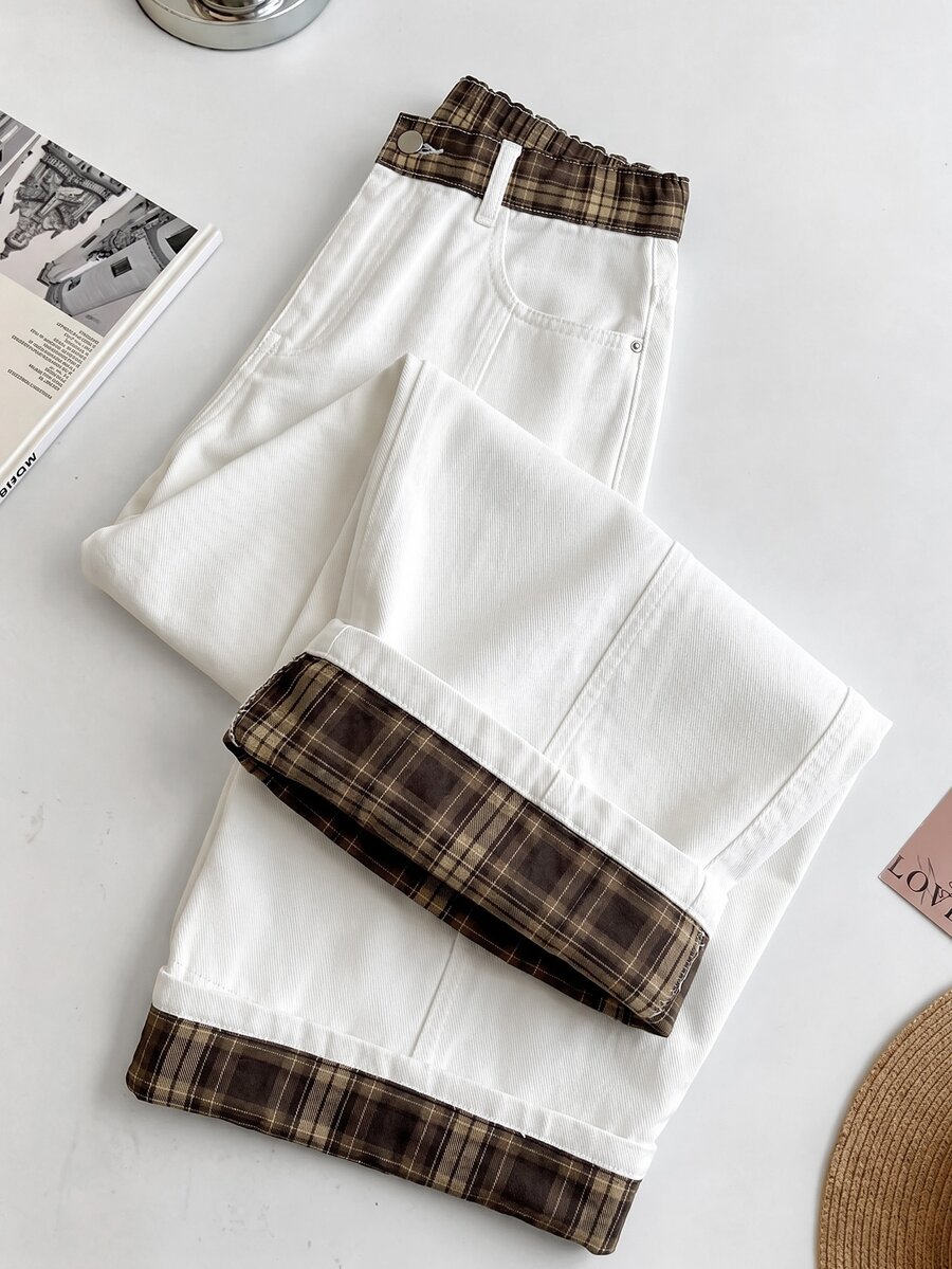 GlowEve CURVE Plus Size Fashion Plaid Patchwork Button Pocket Denim Jeans