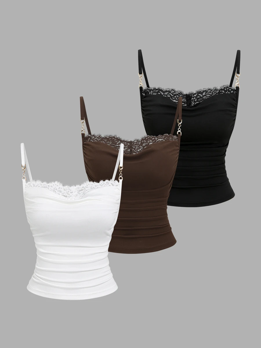 Sweetra Women's Lace Patchwork Pleated Fitted Versatile Casual Camisole Top - Multicolor - View 1