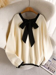 CosyJoli Plus Size Elegant French Casual Commute Minimalist Back Bowknot Knit Versatile Sweater Top For Women Winter - Apricot - View 2
