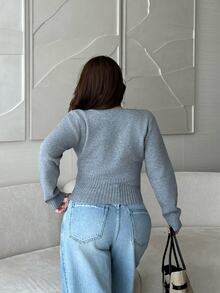 Vibekara Fashion Plus Size Slim Fit Cross Button Long Sleeve Deep V-Neck Pullover Sweater Winter - Grey - View 3