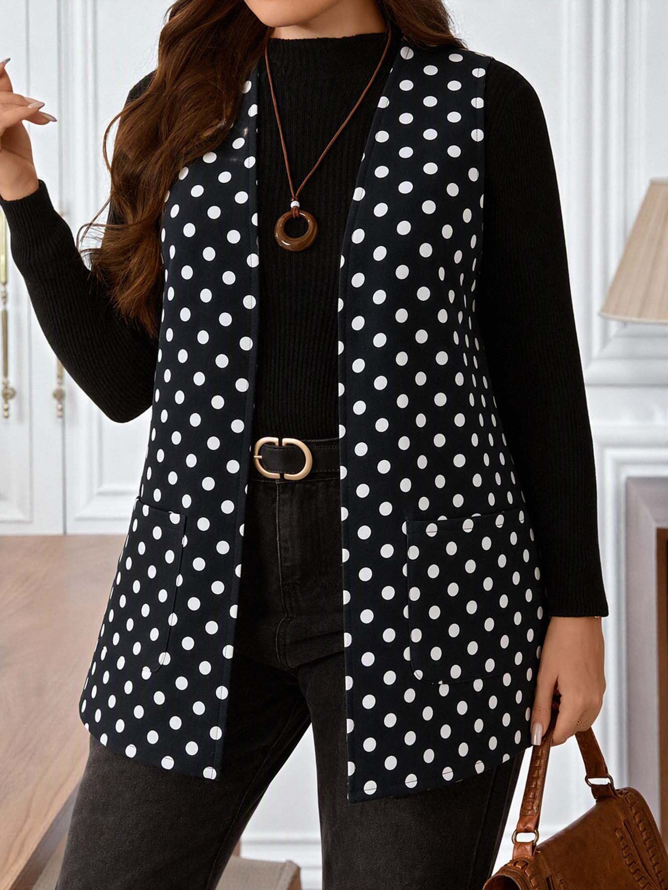EMERY ROSE Plus Size Women's Polka Dot Pattern Open Front Vest Jacket - Black and White - View 1
