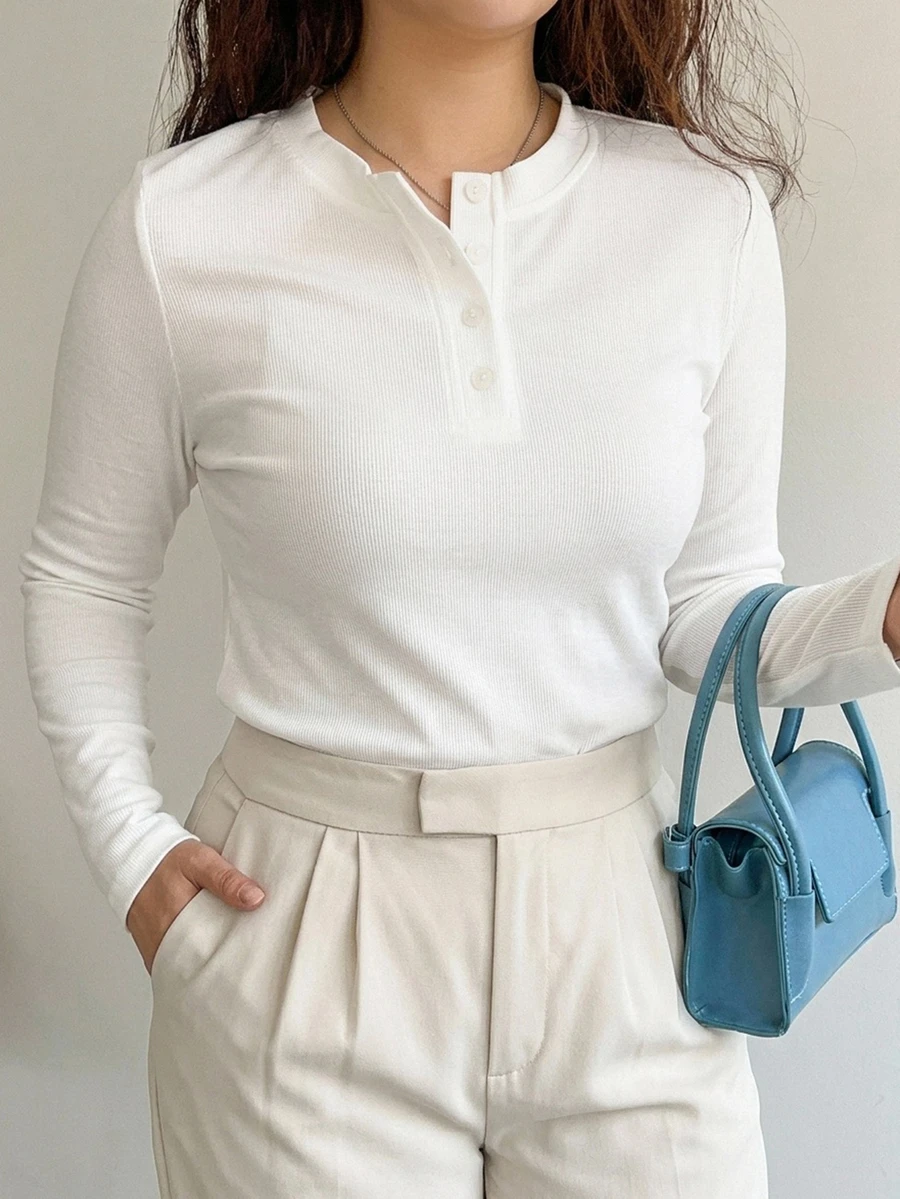 Dazy Plus Plus Size Casual Half-Button Long Sleeve White T-Shirt - White - View 1