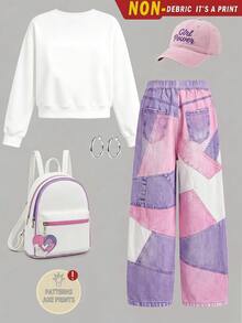 Casuvi Kids 女童 2 件套衛衣套裝，秋冬款，圓領愛心印花衛衣，長袖，搭配牛仔效果印花長褲，甜酷女孩風多巴胺穿搭 - 彩色 - 查看 2