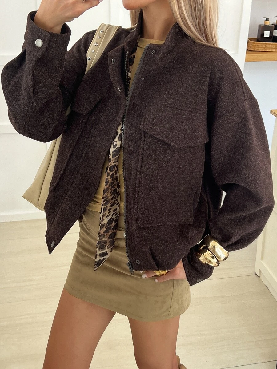 Livesso Women's Solid Color Dropped Shoulder Long Sleeve Zipper Front Casual Regular Fit Jacket Office Dark Brown Autumn - Coffee Brown - View 1