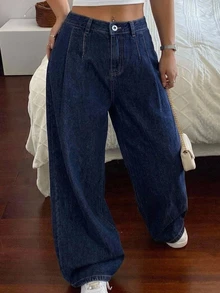 Dazy Plus High Waist Washed Blue Pleated Wide Leg Denim Jeans, Loose Fit Versatile Long Pants, All Season - Dark Wash - View 4