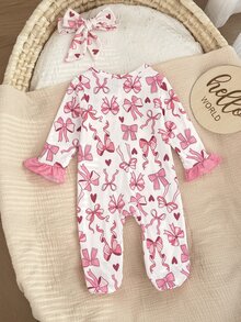 SHEIN Newborn Baby Boy Cute Knitted Casual Bowknot Pattern Romper & Headband Set - Pink - View 2