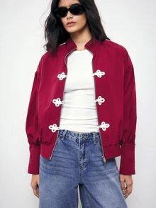 Maija Plus Size Fashion Street Streetwear Dark Red Colorblock Button-Up Jacket Everyday Going Out Autumn - Red - View 5