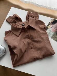 DAZY Women's Cotton Blend Loose Fit Solid Purple Casual Versatile Everyday Shirt - Coffee Brown - View 4