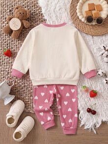 SHEIN 女嬰愛心印花長袖上衣與緊身褲休閒居家服 - 米色 - 查看 2