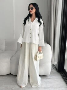Solavon 女款純色落肩長袖單排扣休閒襯衫 - 白色 - 查看 5