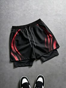 Sport MetroGents 男士拼色印花雙層運動短褲 - 黑色 - 查看 1