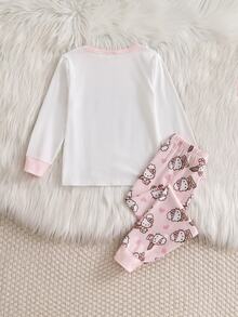 HELLO KITTY AND FRIENDS | SHEIN 女童春夏秋冬四季通用卡通圖案圓領長袖上衣與滿版印花長褲家居服套裝 - 白色 - 查看 2