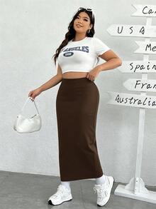 SHEIN EZwear 大尺碼女款純色休閒街頭風百搭日常穿著裙 秋季 正式 度假 棕色 - 棕色 - 查看 4