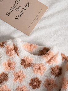 SHEIN Vintaside Kids Younggirl 兩件套，毛絨圓領長袖上衣搭配條紋內搭褲 - 棕色 - 查看 4