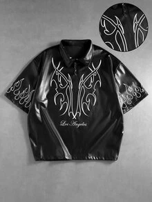 ROMWE MEN Men's Printed Pattern PU Loose Fit Polo Shirt - Black - View 1