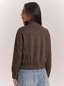 SHEIN BAE Coffee Brown Faux Suede Bomber Jacket, Stand Collar Zip Up With Flap Pockets Ribbed Hem, Casual Street Style Fall Winter Outerwear - Coffee Brown - View 2