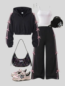 SHEIN Sparklyn 3件組 青少年女孩海軍藍返校系列 藍色條紋飾邊連帽拉鍊外套、背心與寬鬆褲套裝 - 黑色 - 查看 1