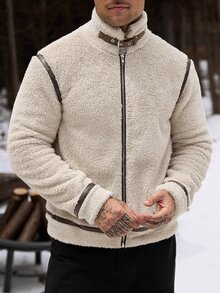 Manfinity CasualCool 男士翻領拉鍊仿羊羔毛短絨毛飛行員夾克 - 卡其色 - 查看 8