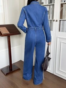 Rivivi Women's Long Sleeve Single-Breasted Pocket Design Casual Denim Jumpsuit - Blue - View 2