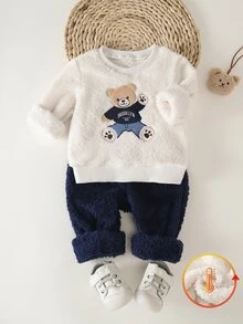 Souflis Souflis 2件組 幼兒男童可愛熊圖案長袖圓領套頭運動衫與長褲套裝，海軍藍聖誕秋冬穿搭 - 藍色 - 查看 1