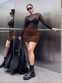 Muchica Chocolate Brown Side Slit Plus Size Skort - Chocolate Brown - View 5