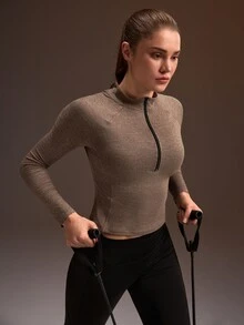 Powerista Women's Brown Black High Neck Long Sleeve Slim Fit Sports Sweatshirt - Brown - View 7