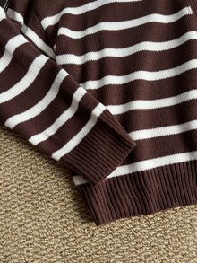 Grovea Cardigan Rajut Wanita Ukuran Besar Bergaris Leher Bulat Lengan Panjang Kancing Tunggal untuk Musim Dingin - Coklat - View 3
