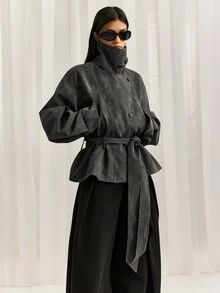 LYSMO Jaket Kasual Wanita Lengan Panjang dengan Bahu Longgar dan Kancing Tunggal serta Tali Ikat Pinggang - Dark Grey - View 1