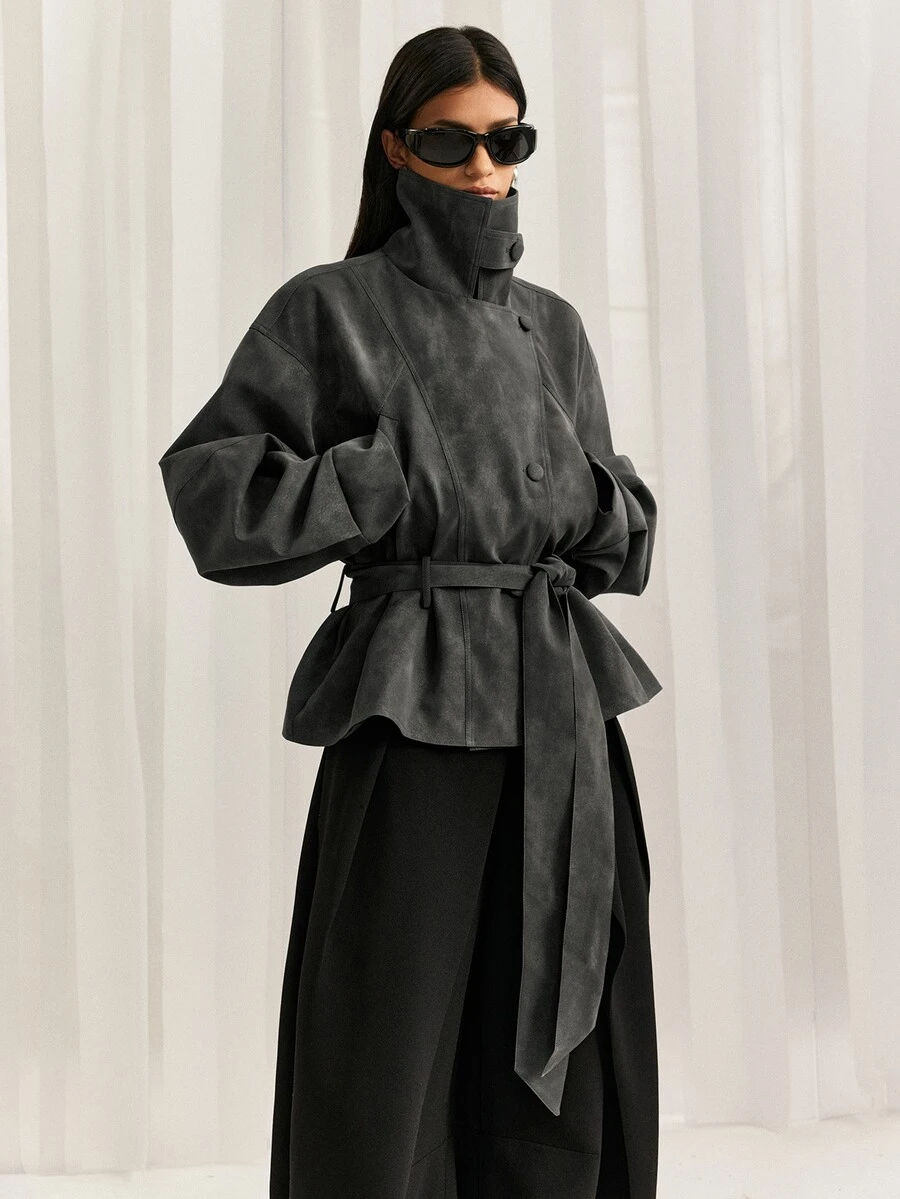 LYSMO Jaket Kasual Wanita Lengan Panjang dengan Bahu Longgar dan Kancing Tunggal serta Tali Ikat Pinggang - Dark Grey - View 1