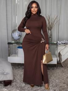 Poshavie Poshavie Plus Size Elegant Long Sleeve Bodycon Midi Dress Metal Ring Ruched Wrap Party Autumn Dress - Brown - View 4