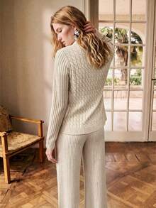 SHEIN Women's Solid Color Camisole Top And Cardigan And Long Pants Knit 2 Pieces Set - Khaki - View 2